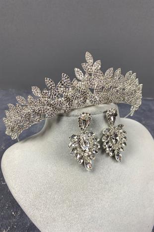 Silver Sara Dense Stone Bridal Crown And Earring Set