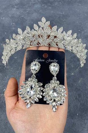 Silver Sara Dense Stone Bridal Crown and Stud Earrings Set