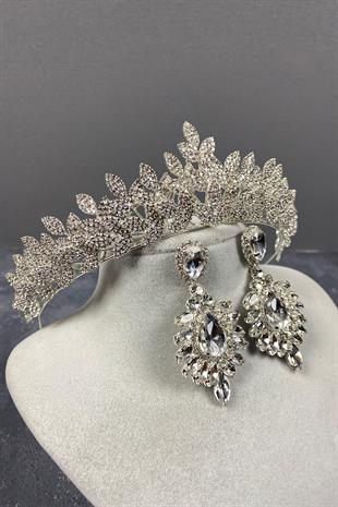 Silver Sara Dense Stone Bridal Crown and Stud Earrings Set