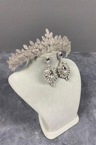 Silver Sara Dense Stone Bridal Crown and Stud Earrings Set