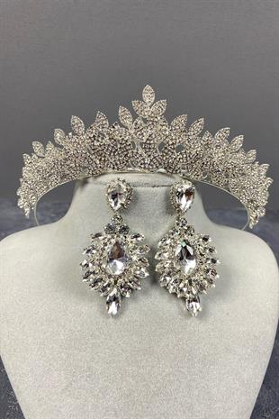 Silver Sara Dense Stone Bridal Crown and Stud Earrings Set