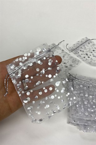 Gümüş Simli Tesbih Boy Tül Kese 10 Adet 9*12