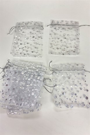 Gümüş SimliTesbih Boy Tül Kese 25 Adet 9*12