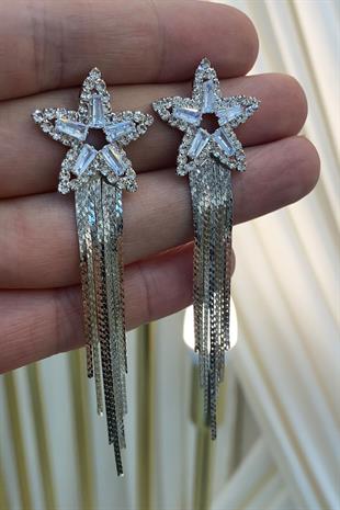 Gümüş Sıra Mekik Zirkon Taşlı Abiye Küpe