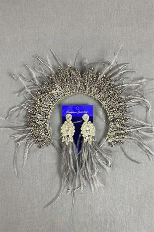 Gümüş Sirius Kristal Boncuklu Tüylü Gelin Kına Tacı Ve Küpesi