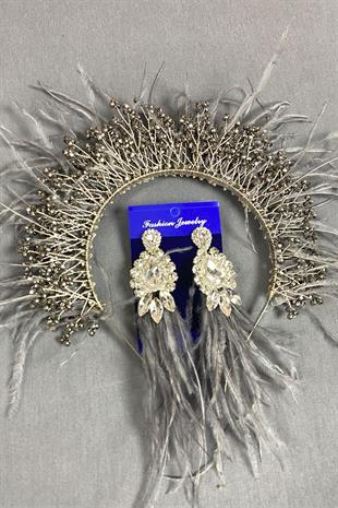 Silver Sirius Crystal Beaded Feathered Bridal Henna Crown and Earrings