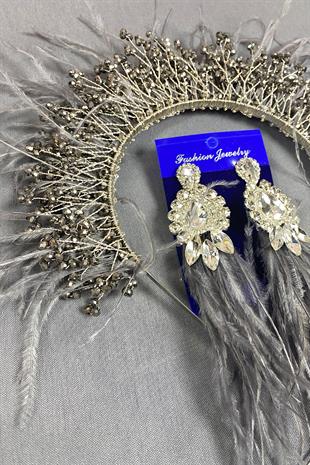 Silver Sirius Crystal Beaded Feathered Bridal Henna Crown and Earrings