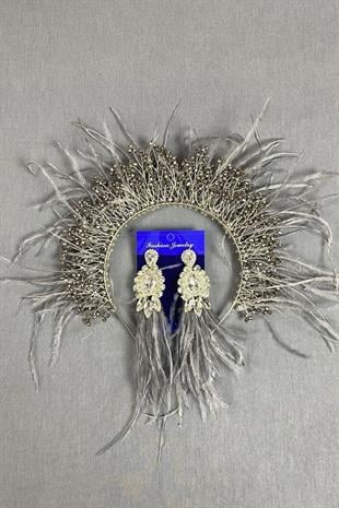 Gümüş Sirius Kristal Boncuklu Tüylü Gelin Kına Tacı Ve Küpesi