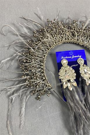 Silver Sirius Crystal Beaded Feathered Bridal Henna Crown and Earrings