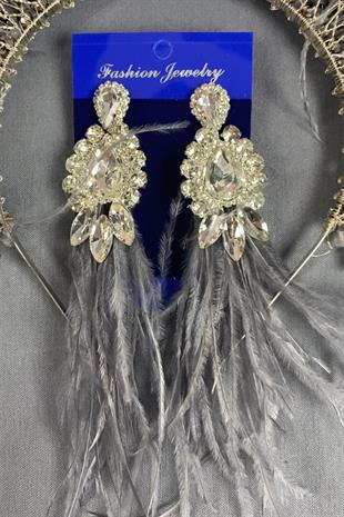 Silver Sirius Crystal Beaded Feathered Bridal Henna Crown and Earrings