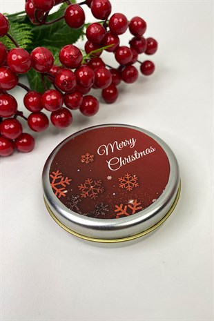 Gümüş Teneke Mum Yuvarlak Kırmızı Merry Christmas Baskılı