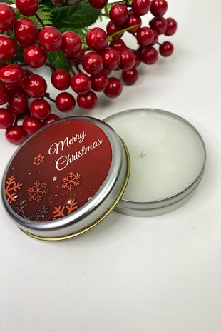 Gümüş Teneke Mum Yuvarlak Kırmızı Merry Christmas Baskılı