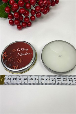 Gümüş Teneke Mum Yuvarlak Kırmızı Merry Christmas Baskılı
