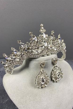 Gümüş Tokyo Taşlı Gelin Tacı Ve Damla Küpe Seti