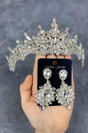 Gümüş Tokyo Taşlı Gelin Tacı Ve Mekik Taşlı Küpe Seti