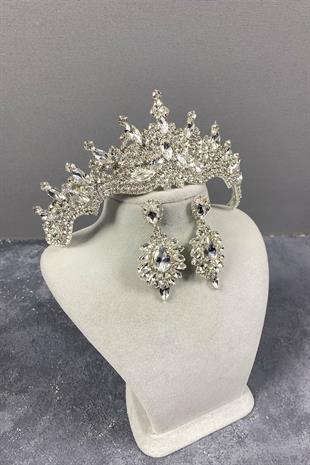 Gümüş Tokyo Taşlı Gelin Tacı Ve Mekik Taşlı Küpe Seti