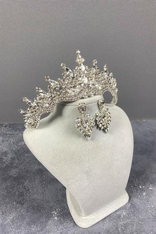 Gümüş Tokyo Taşlı Gelin Tacı Ve Mekik Küpe Seti