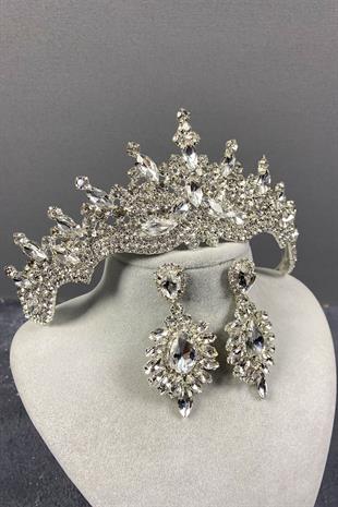 Gümüş Tokyo Taşlı Gelin Tacı Ve Mekik Taşlı Küpe Seti