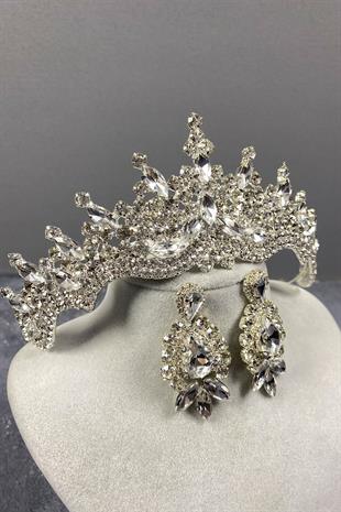 Gümüş Tokyo Taşlı Gelin Tacı Ve Mekikli Küpe