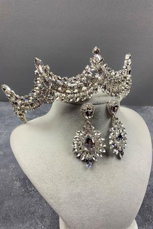 Gümüş Venedik Taşlı Gelin Tacı Ve Damla Mekikli Küpe Seti