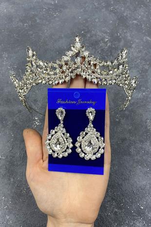 Gümüş Venedik Taşlı Gelin Tacı Ve Damla Küpe Seti