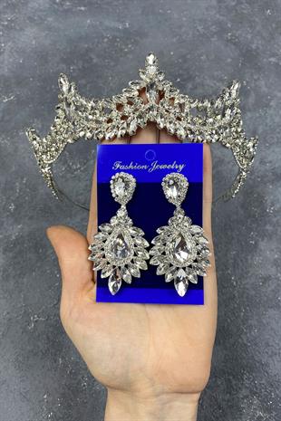 Gümüş Venedik Taşlı Gelin Tacı Ve Damla Mekikli Küpe Seti