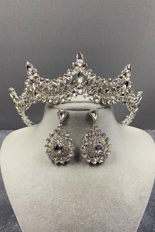 Gümüş Venedik Taşlı Gelin Tacı Ve Damla Küpe Seti