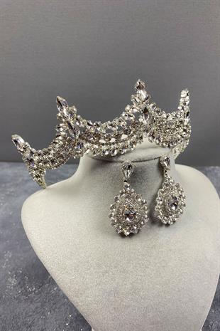 Gümüş Venedik Taşlı Gelin Tacı Ve Damla Küpe Seti