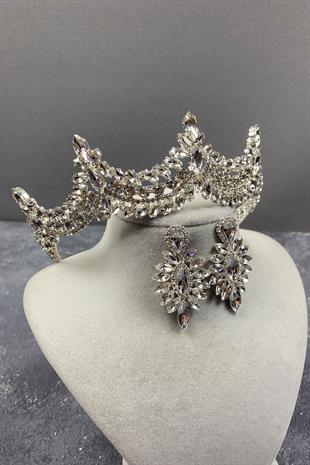 Gümüş Venedik Taşlı Gelin Tacı Ve Damlalı Küpe Seti