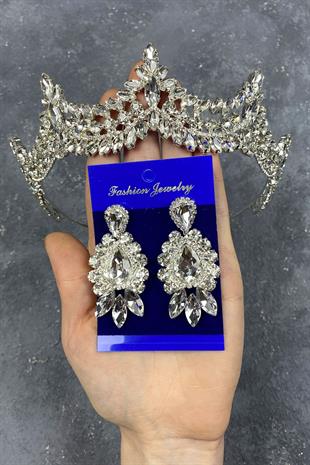 Gümüş Venedik Taşlı Gelin Tacı Ve Mekik Küpe Seti