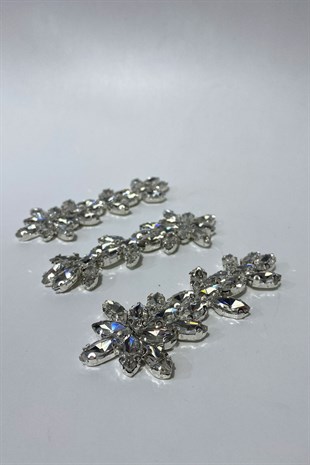 Gümüş Yaprak Desen Mekik Cam Aplik Taşlı Motif