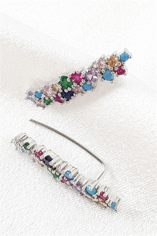 Gümüş Yaprak Desenli Renkli Kıkırdak Küpe