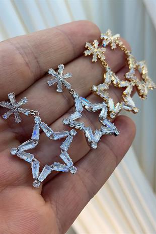 Gümüş Yıldız Zincirli Zirkon Parlak Taşlı Küpe