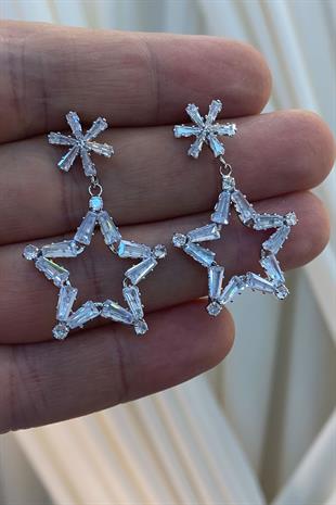 Gümüş Yıldız Zincirli Zirkon Parlak Taşlı Küpe