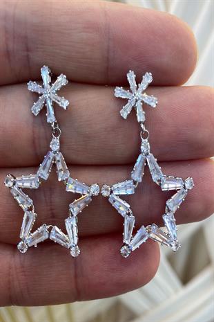 Gümüş Yıldız Zincirli Zirkon Parlak Taşlı Küpe