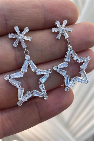 Gümüş Yıldız Zincirli Zirkon Parlak Taşlı Küpe