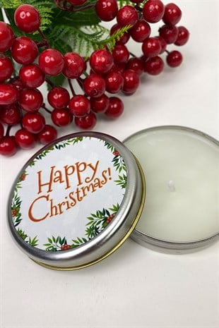 Yuvarlak Gümüş Teneke Mum Happy Christmas Baskılı