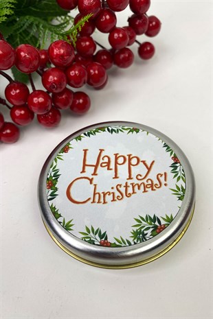 Yuvarlak Gümüş Teneke Mum Happy Christmas Baskılı