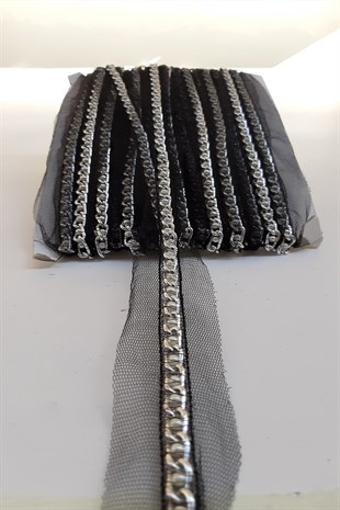 Silver Chain Bead Embroidered Ribbon