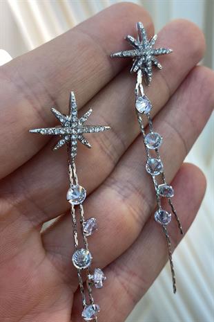 Gümüş Zincirli Yıldız Zirkon Taşlı Parlak Küpe