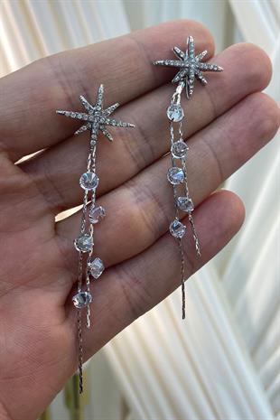 Gümüş Zincirli Yıldız Zirkon Taşlı Parlak Küpe