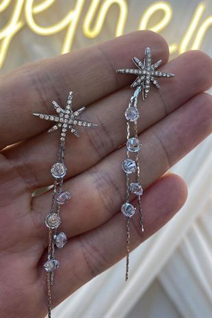 Gümüş Zincirli Yıldız Zirkon Taşlı Parlak Küpe