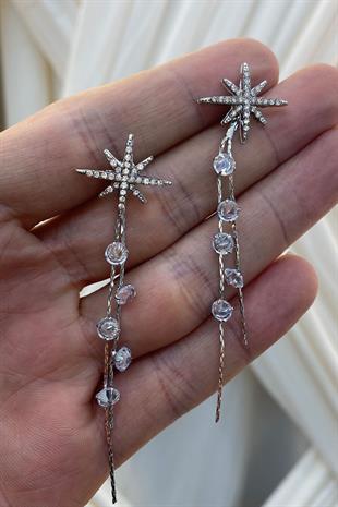 Gümüş Zincirli Yıldız Zirkon Taşlı Parlak Küpe