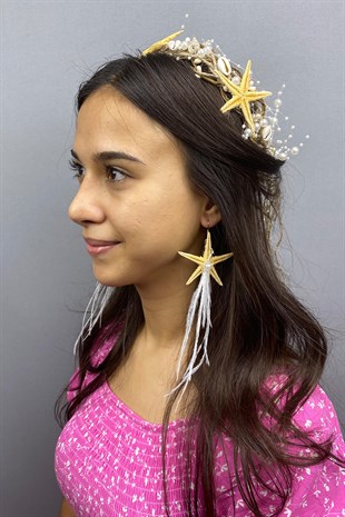 Hasırlı Deniz Yıldızlı Taç ve Küpe Seti