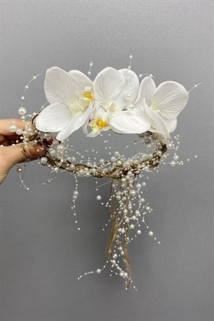 Hasırlı İncili Orkideli Taç Küpe Serti