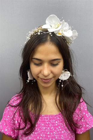 Hasırlı İncili Orkideli Taç Küpe Serti