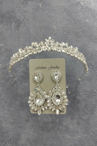 Hayal Model Model Gelin Tacı Ve Damla Mekik Taşlı Küpe