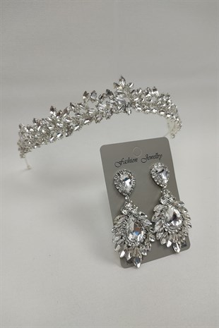 Hayal Model Model Gelin Tacı Ve Damla Mekik Taşlı Küpe