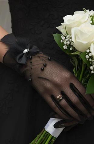 Dream Tulle Wedding Gloves with Pearl Pendants and Feather Details, Embellished with Crystal Stones