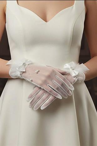 Dream Tulle Wedding Gloves with Pearl Pendants and Feather Details, Embellished with Crystal Stones